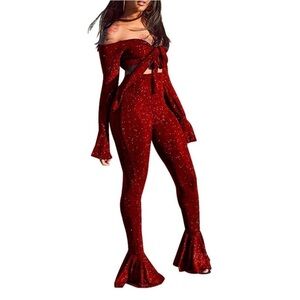 SELENA inspired RED ruffled sleeve sparkle top with bell bottom pants 2pc